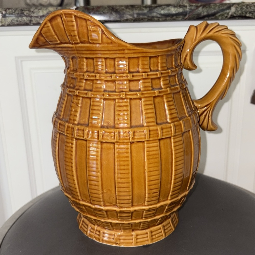 Beautiful Vintage Style Brown Ceramic Pitcher with Barrel-like Design, 10” Tall